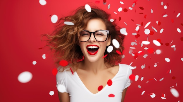 Portrait of a laughing woman surrounded by a red confetti paper hearts against a pink background