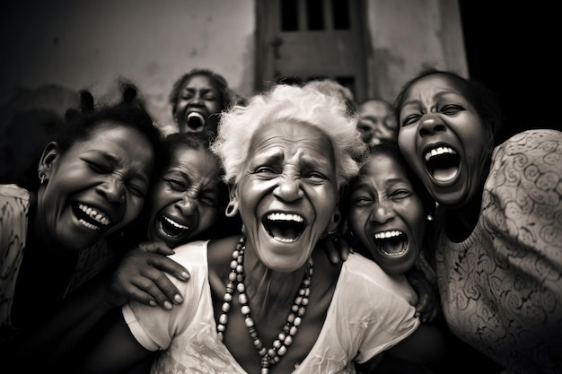 Portrait of laughing women of Indian nationality of different ages black and white