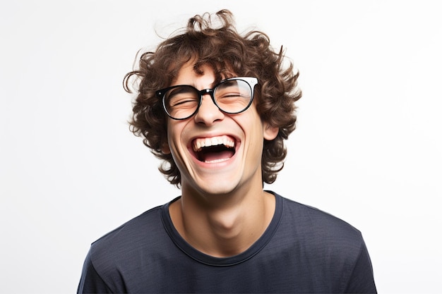 Foto ritratto di un giovane che ride con gli occhiali su uno sfondo bianco