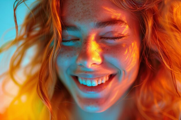 Photo portrait of a laughing young woman illuminated by the sunset light