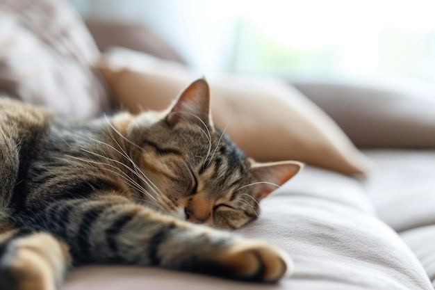 Portrait of lazy cat sleeping on couch in living room