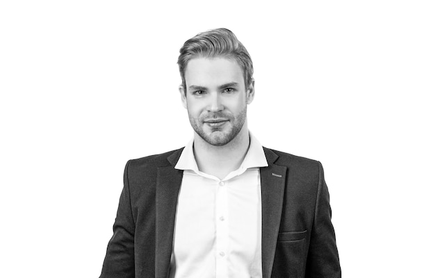 Portrait of legal professional man smiling in formal wear isolated on white lawyer