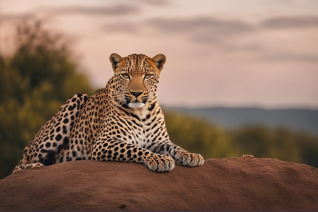 Portrait of leopard sitting on the mound starring at the camera