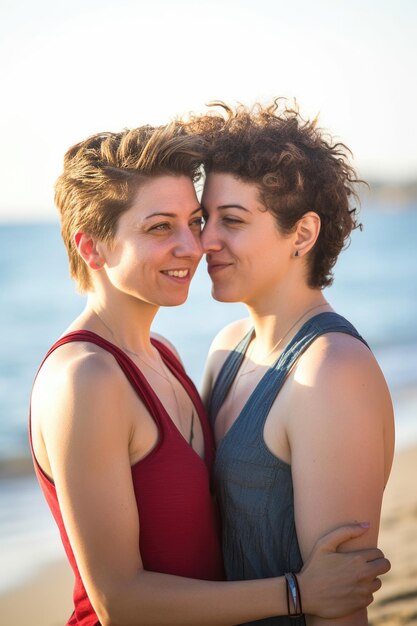 Foto ritratto di una coppia lesbica in spiaggia creato con l'intelligenza artificiale generativa