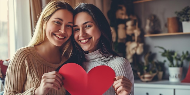 Foto ritratto di coppia lgbt che tiene in mano un cuore di carta e una coppia felice e sorridente innamorata che festeggia