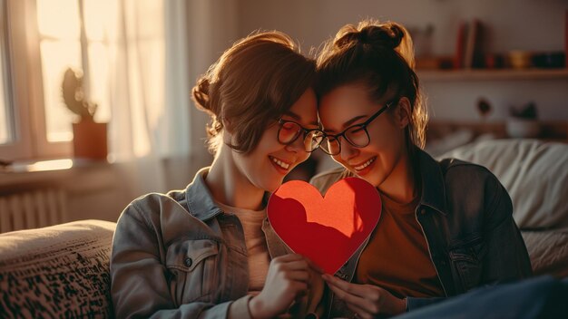 Photo portrait of lgbt couple holding paper heart and happy smiling couple in love celebrating