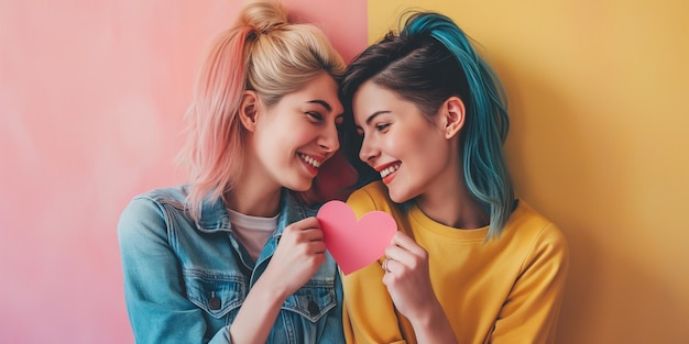 Photo portrait of lgbt couple holding paper heart and happy smiling couple in love celebrating