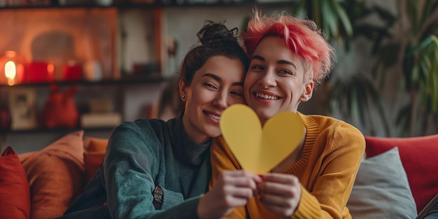 Foto ritratto di coppia lgbt che tiene in mano un cuore di carta e una coppia felice e sorridente innamorata che festeggia