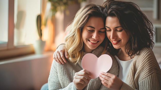 Photo portrait of lgbt couple holding paper heart and happy smiling couple in love celebrating