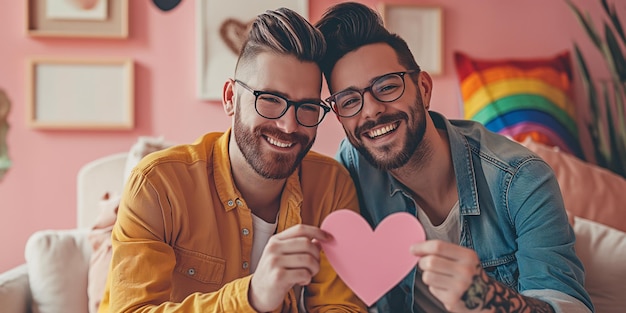 Foto ritratto di coppia lgbt che tiene in mano un cuore di carta e una coppia felice e sorridente innamorata che festeggia