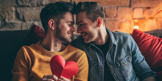 Портрет ЛГБТ-двойки с бумажным сердцем и счастливой улыбающейся любовной парой, празднующей