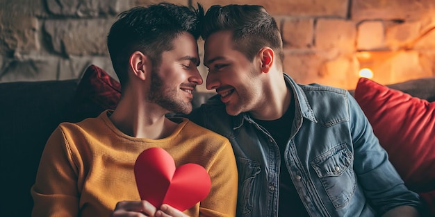 Foto ritratto di coppia lgbt che tiene in mano un cuore di carta e una coppia felice e sorridente innamorata che festeggia