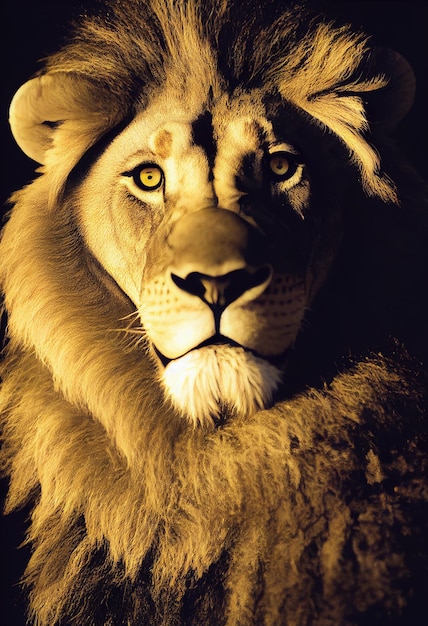 Portrait of a Lion Closeup of wild lion face on black background