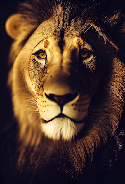 Portrait of a Lion Closeup of wild lion face on black background