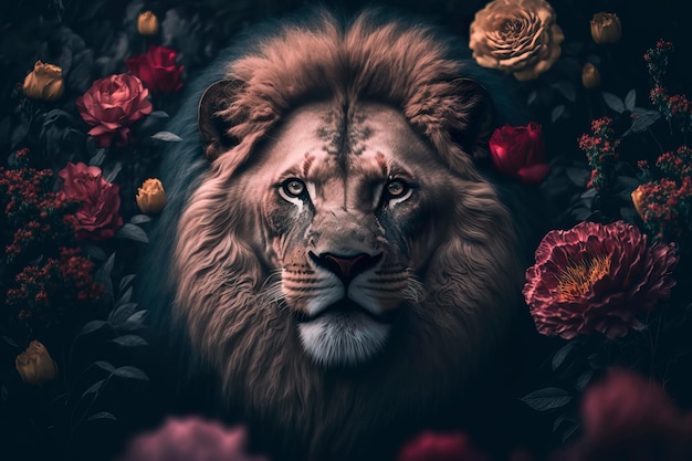 Portrait of a lion in flowers on a dark background Generative AI