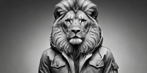 Portrait of a lion in a jacket on a gray background
