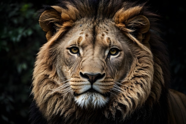 A portrait of a lion king with a black isolated background