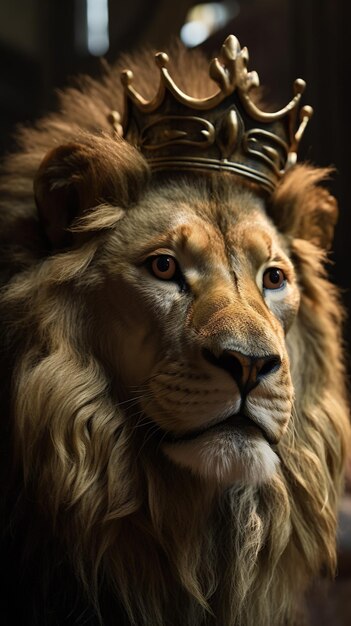 Photo portrait of a lion king with crown closeup generative ai