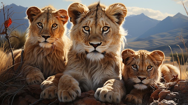 ライオンとライオンの背景にあるライオンの肖像画