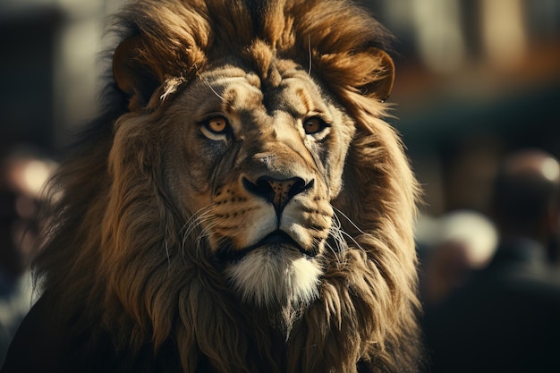 Portrait of a lion among people