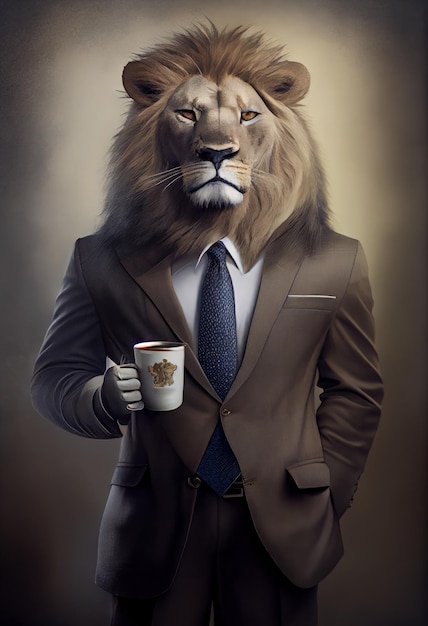 Portrait of a lion in a suit with a cup of coffee Generative AI