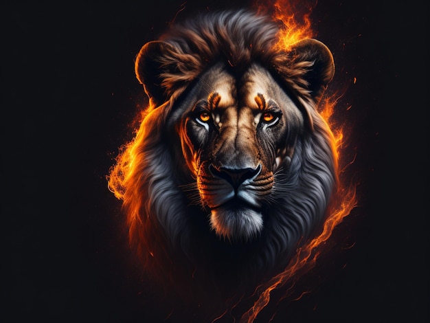 Portrait of a lion with fire flames on a black background