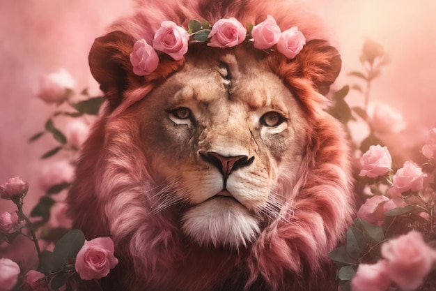 Portrait of lion with flowers on head on pastel pink background ai generative