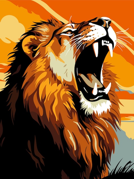 Portrait of a lion with a gorgeous mane in vector pop art style