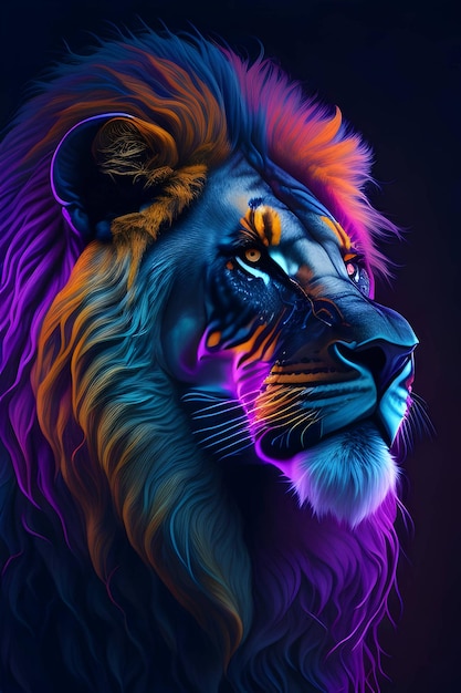 portrait of a lion with neon effect in the background