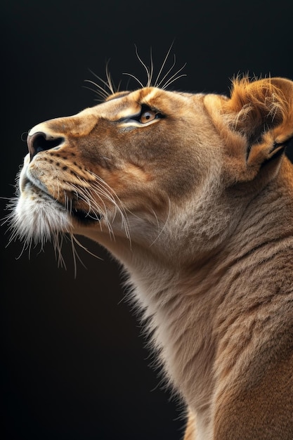 Photo portrait of a lioness in profile on a black background