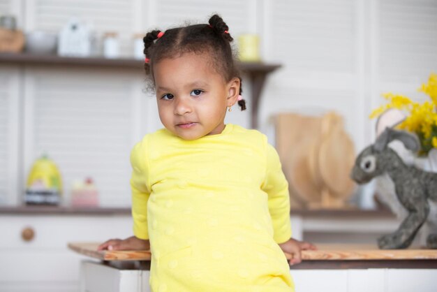 Portrait of a little African American girl on a kitchen background