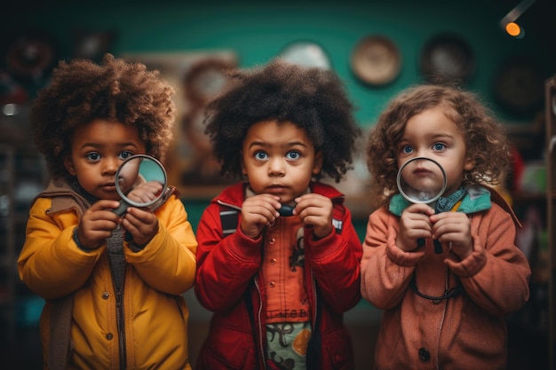 Portrait of little african american girls looking through magnifying glass in store A group of kindergarten kids friends holding magnifying glasses for exploration AI Generated