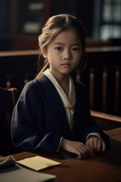 Portrait of little asian girl in judge dress sitting at table Generative AI