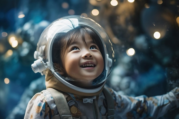 Portrait of little asian girl wearing astronaut helmet in the space