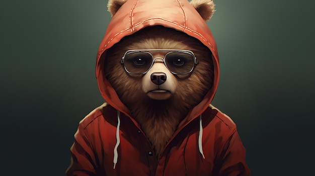 Portrait little bear geek wearing hoodie in dark background AI generated