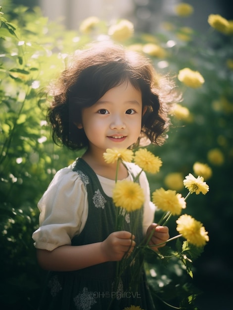 녹색 배경에 꽃을 들고 있는 어린 미녀의 초상화 제너레이티브 AI