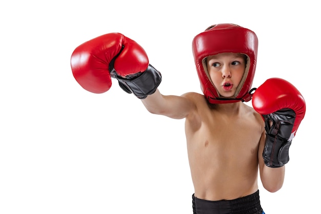 Portrait of little boy child training boxing isolated over white studio background sportive education