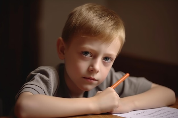 Portrait of a little boy doing math homework in class created with generative ai