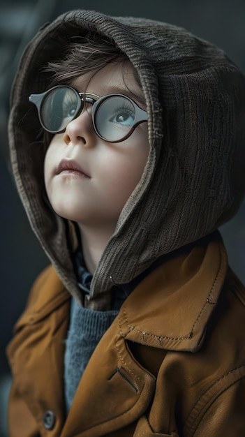 portrait of a little boy in glasses and a jacket with a hood