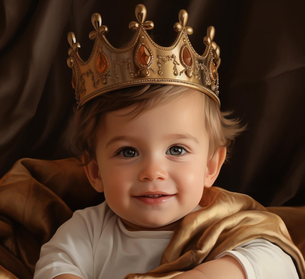 Portrait of a little boy in a golden crown on a brown background