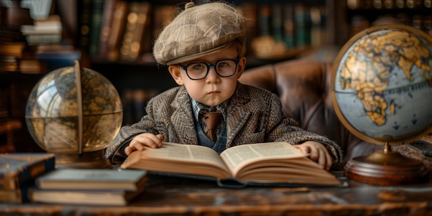 Portrait of a little boy in a hat and glasses reading a book