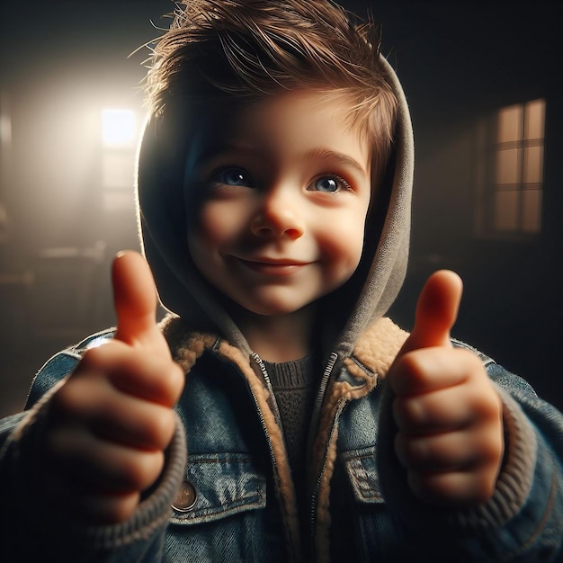 Photo portrait of a little boy in a jacket with hood showing thumbs up