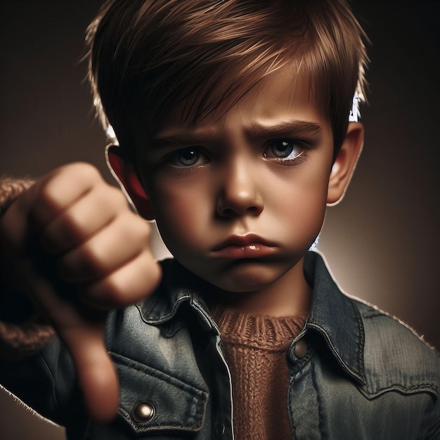 Portrait of a little boy in a leather jacket thumbs down