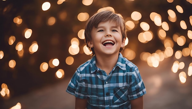 Portrait of a little boy in a plaid shirt on a background of lights