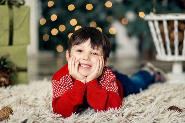 小さな男の子の肖像画は、クリスマスツリーの近くの松ぼっくりで遊ぶ。