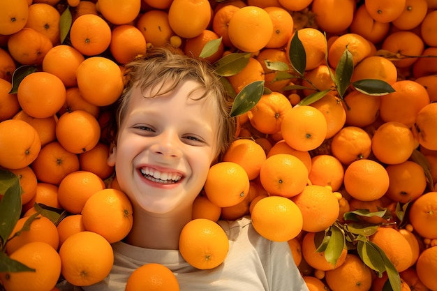 Photo portrait of a little boy smiling while having fun covered in whole and cut oranges all around