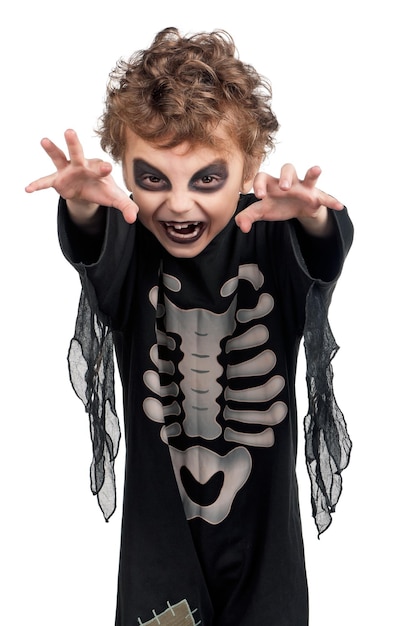 Photo portrait of little boy wearing halloween costume on white background