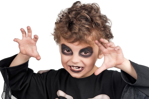 Photo portrait of little boy wearing halloween costume on white background