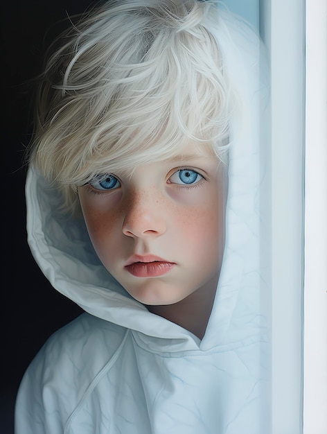 Portrait of a little boy in a white raincoat looking through the window