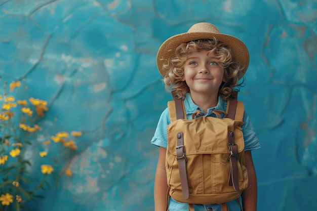 Portrait of a little boy with a backpack on a blue background